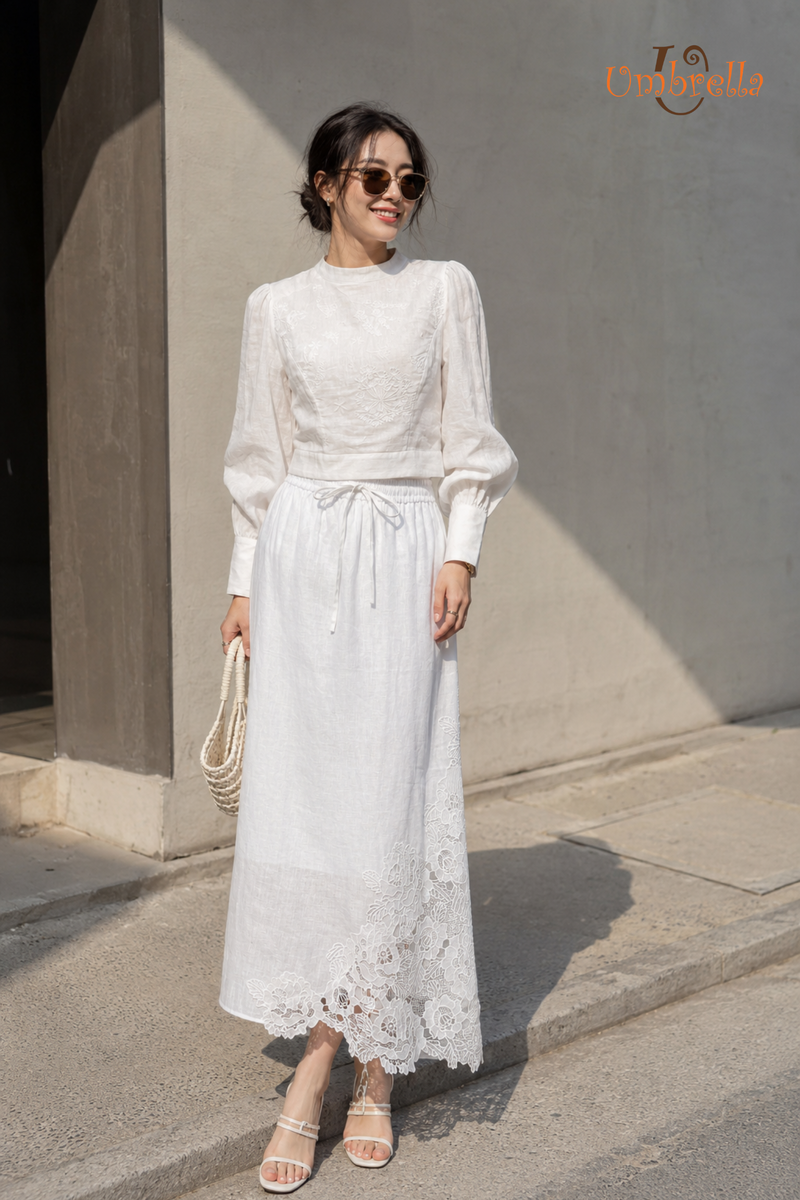  Váy Linen lưng thun phối ren 