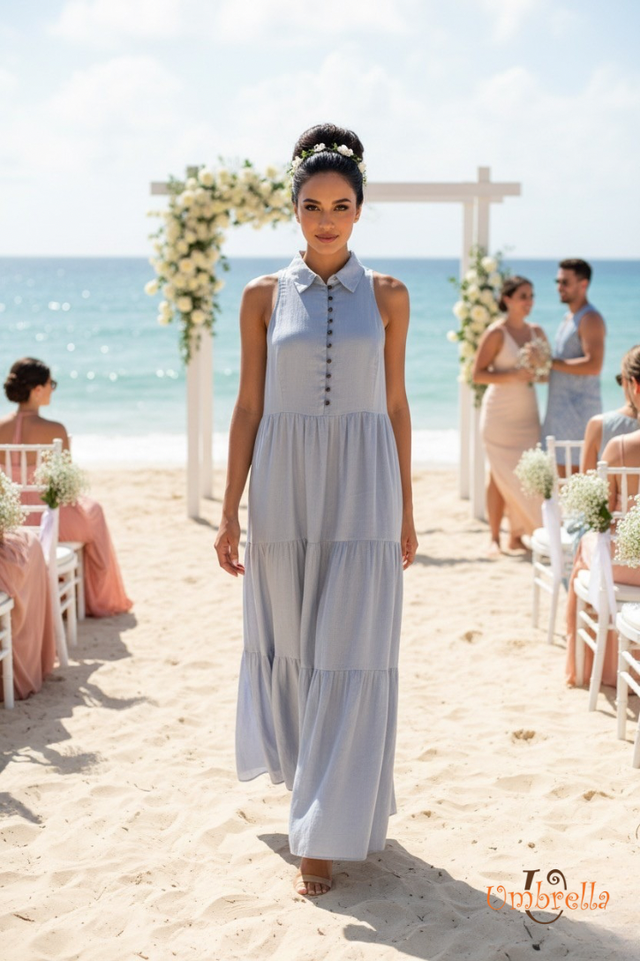  Đầm dài Linen sát nách nhún eo 