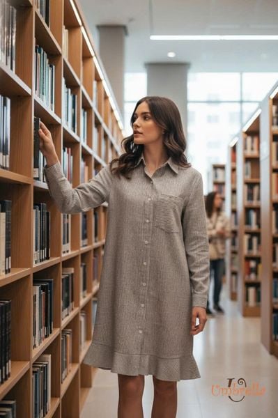  Đầm Linen sơ mi chân bèo 