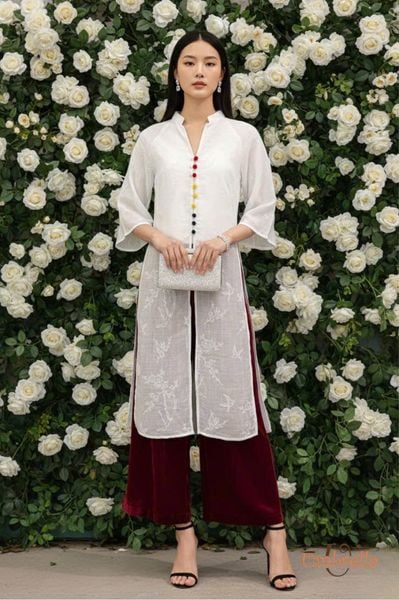  Áo dài Linen xẻ 3 tà thêu 