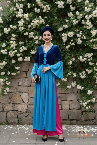  Áo dài phối nhung xẻ 3 tà 