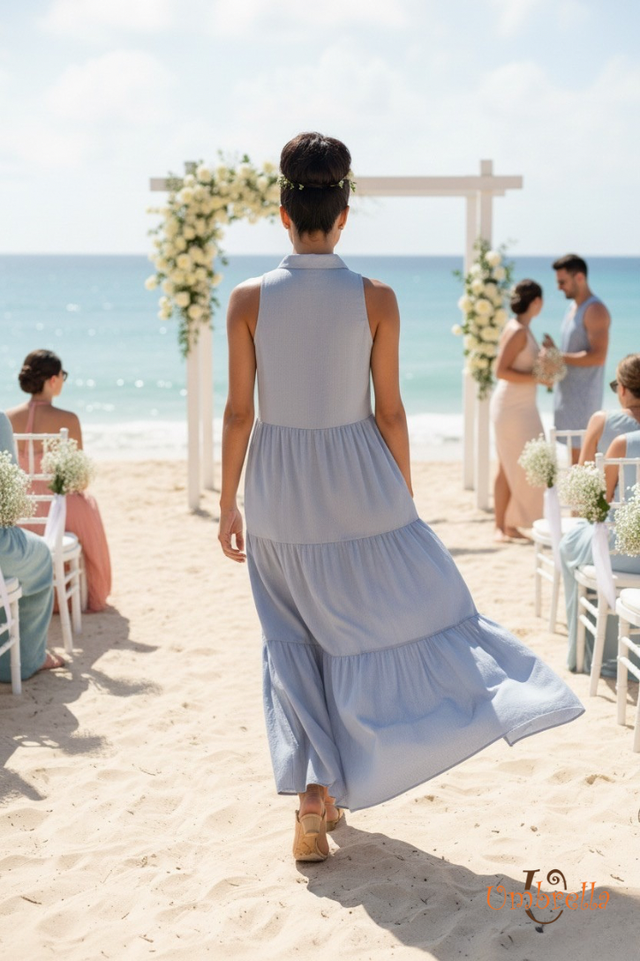  Đầm dài Linen sát nách nhún eo 