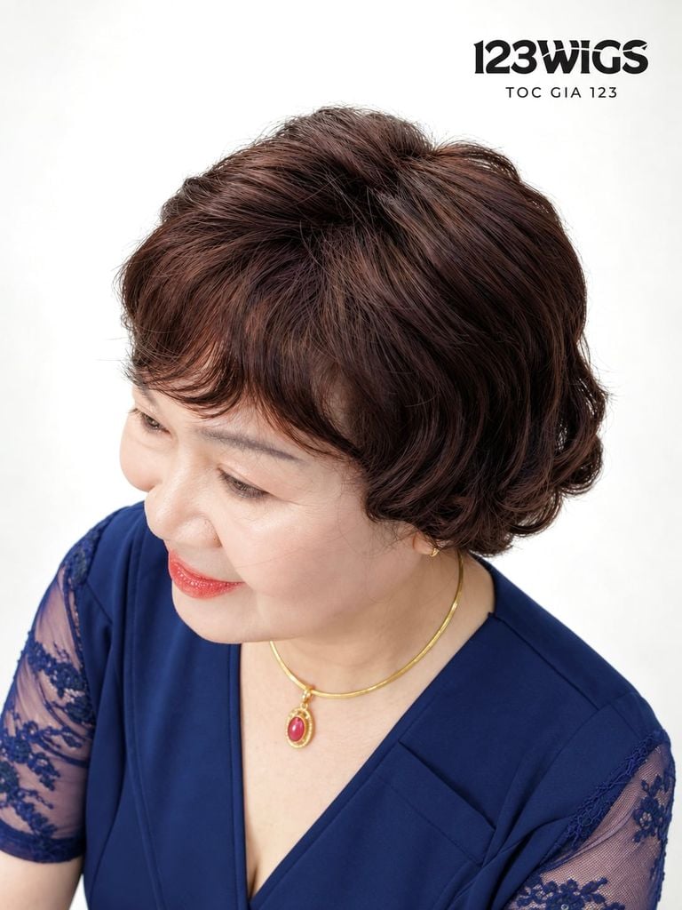Tóc giả nguyên đầu trung niên - Xoăn ngắn - Nâu đỏ - MS1013