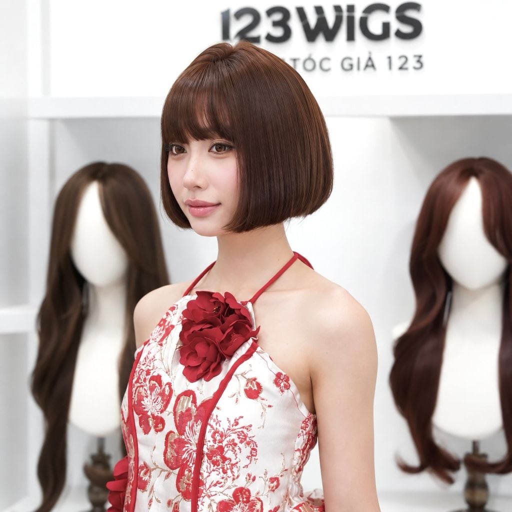 Tóc giả nguyên đầu - Bob ngắn - Nâu socola - MS1007