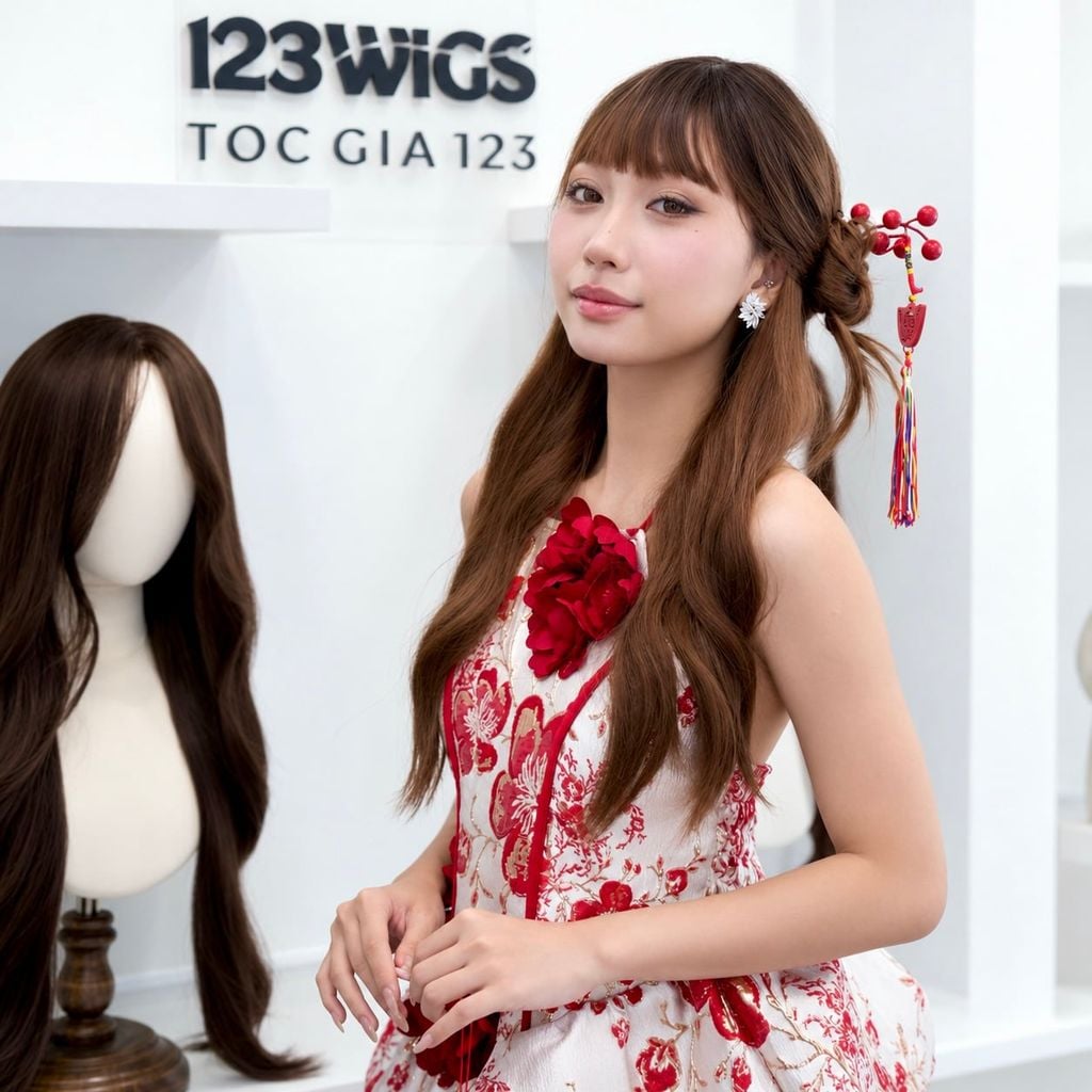 Tóc giả nguyên đầu - Xoăn gợn - Ombre nâu vàng - MS1009