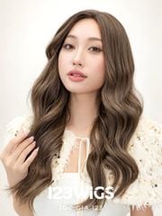 Tóc giả nguyên đầu - Sóng lơi dài - Mái xéo - Nâu lạnh - MS1001