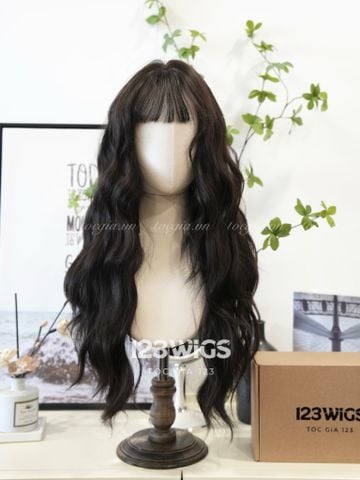 Bộ tóc giả nguyên đầu - Sóng lơi - Mái ngang - Màu nâu đen 61249