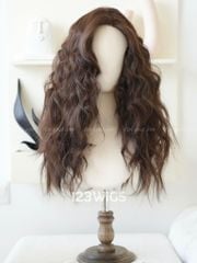 Tóc giả siêu da Lace - Xoăn rối phồng - Mái bay - Nâu hạt dẻ - 51260