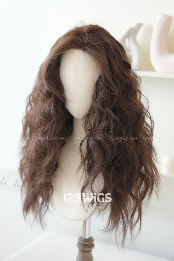 Tóc giả siêu da Lace - Xoăn rối phồng - Mái bay - Nâu hạt dẻ - 51260