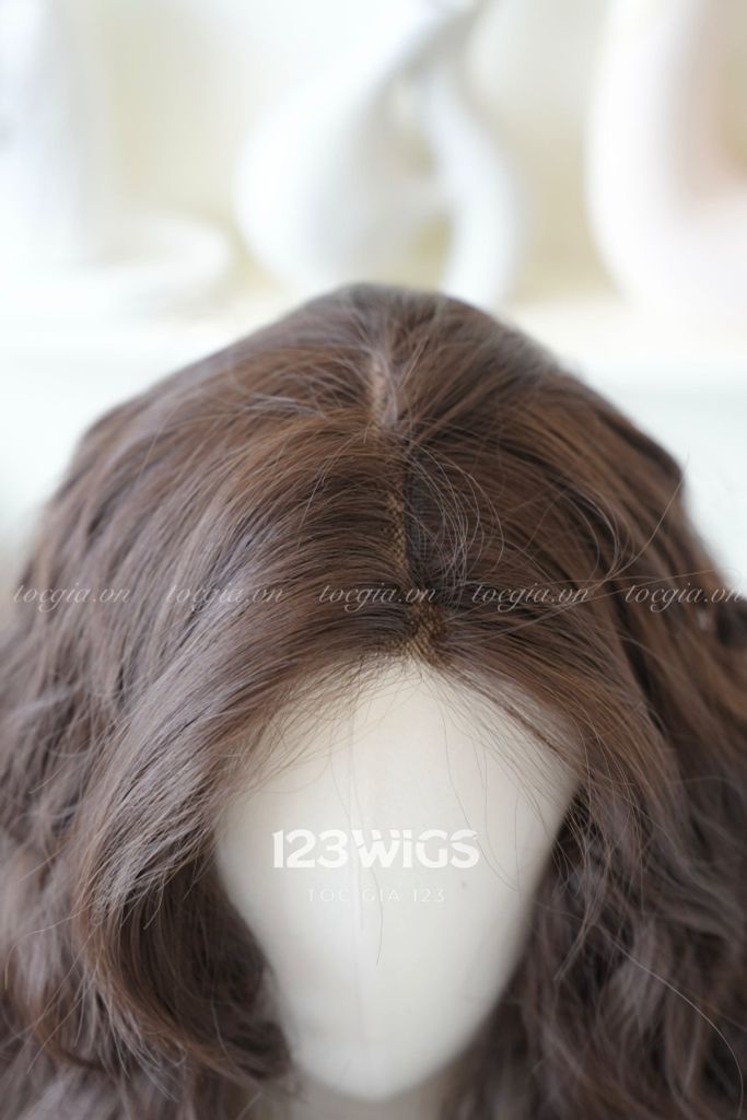 Tóc giả siêu da Lace - Xoăn rối phồng - Mái bay - Nâu hạt dẻ - 51260