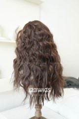 Tóc giả siêu da Lace - Xoăn rối phồng - Mái bay - Nâu hạt dẻ - 51260