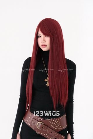 Bộ tóc giả nguyên đầu thẳng suông dài - Mái xéo - Màu đỏ rượu - 61205