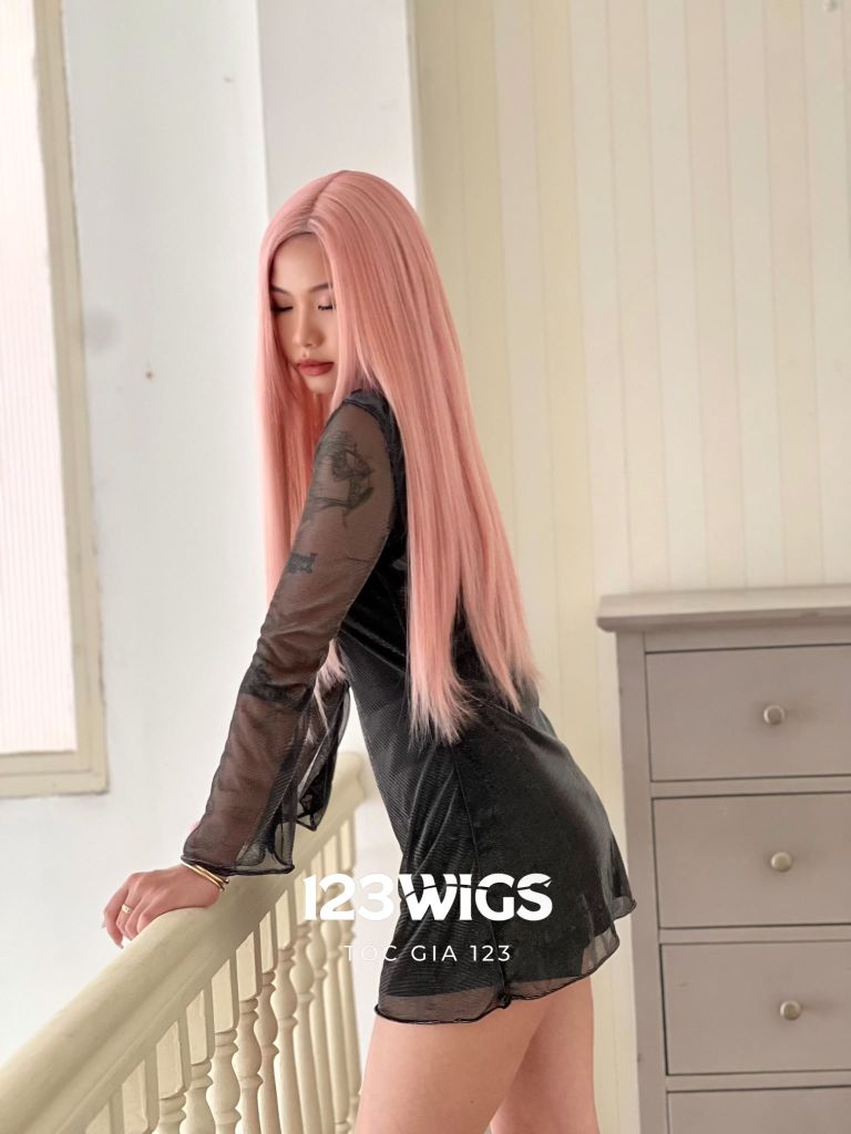 Bộ tóc giả nguyên đầu siêu da lưới Lace mái bay - Dài ngang lưng - Thẳng tự nhiên - Màu Hồng Khói - SL1012