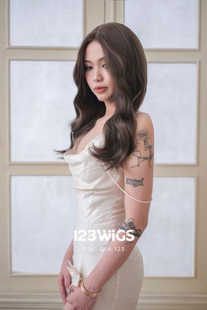 Bộ tóc giả siêu da lưới Lace mái bay - Xoăn sóng - Dài qua vai - Nâu Lạnh SL1042