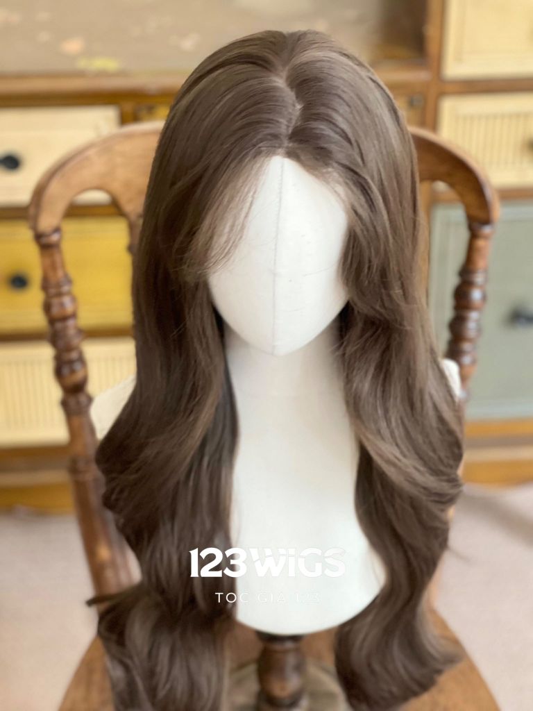 Tóc siêu da Lace 2 mái - Xoăn sóng - Dài ngang eo - Nâu Lạnh SL1041