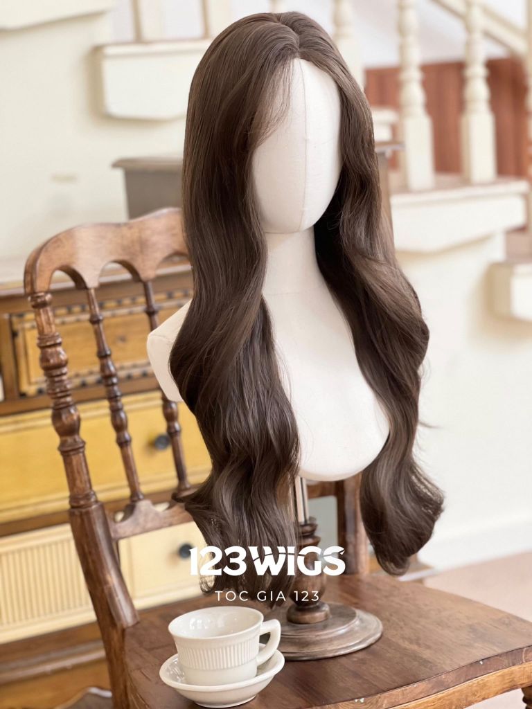 Tóc siêu da Lace 2 mái - Xoăn sóng - Dài ngang eo - Nâu Lạnh SL1041