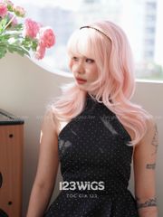 Tóc giả nguyên đầu - Layer xoăn gợn - Mái ngang thưa - Màu hồng pastel 41236