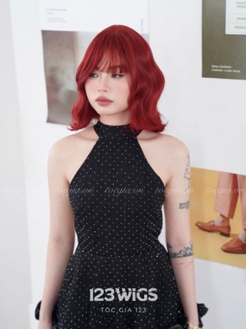 Bộ tóc giả nguyên đầu bob ngắn xoăn sóng - Mái ngang thưa - Màu đỏ cherry 31242