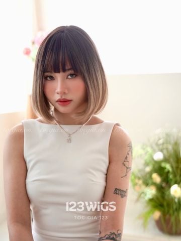 Bộ tóc giả nguyên đầu tơ cao cấp ngắn bob - Mái ngang thưa - Màu ombre nâu sữa - 31245