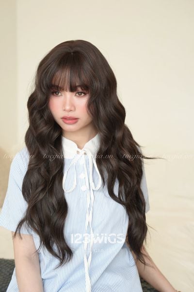 Tóc giả nguyên đầu - Sóng lơi - Mái ngang - Nâu đen - 61249