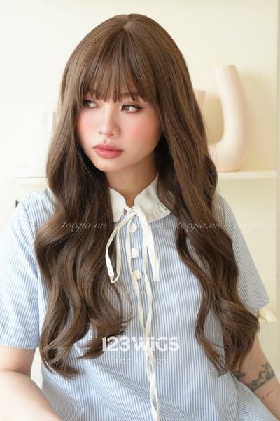 Tóc giả nguyên đầu - Xoăn gợn sóng - Mái ngang - Nâu mocha - 51253