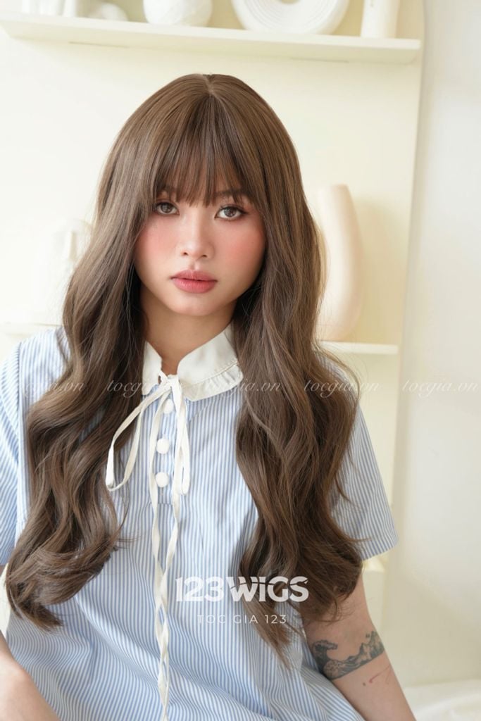 Tóc giả nguyên đầu - Xoăn gợn sóng - Mái ngang - Nâu mocha - 51253
