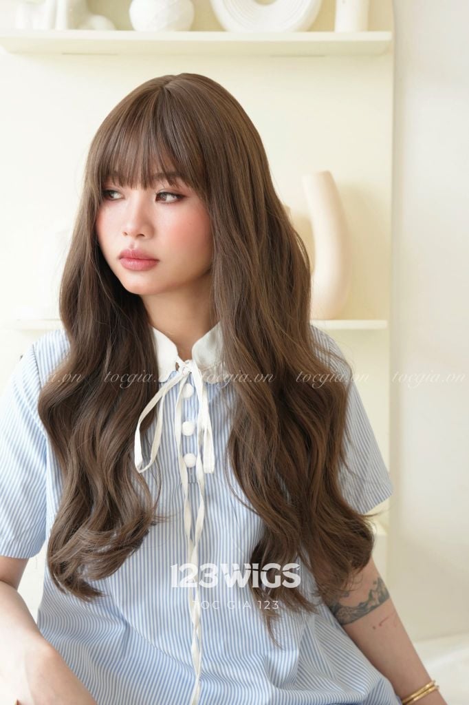 Tóc giả nguyên đầu - Xoăn gợn sóng - Mái ngang - Nâu mocha - 51253