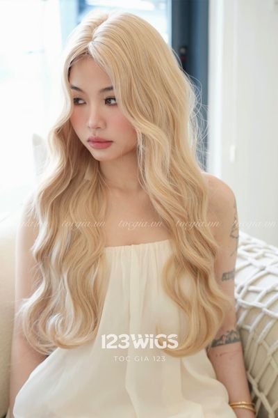 Tóc giả Lace U2 - Xoăn sóng lơi - Mái bay - Vàng kem - 51256