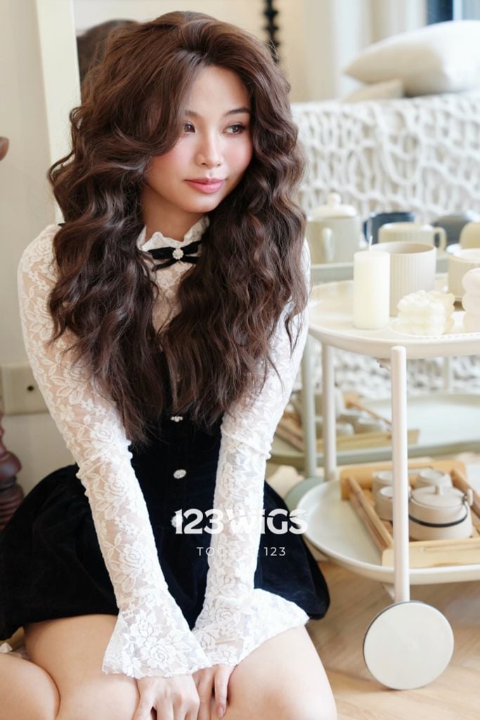 Tóc giả siêu da Lace - Xoăn rối phồng - Mái bay - Nâu hạt dẻ - 51260