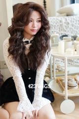 Tóc giả siêu da Lace - Xoăn rối phồng - Mái bay - Nâu hạt dẻ - 51260