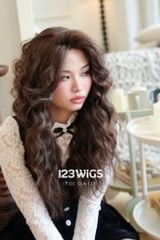 Tóc giả siêu da Lace - Xoăn rối phồng - Mái bay - Nâu hạt dẻ - 51260