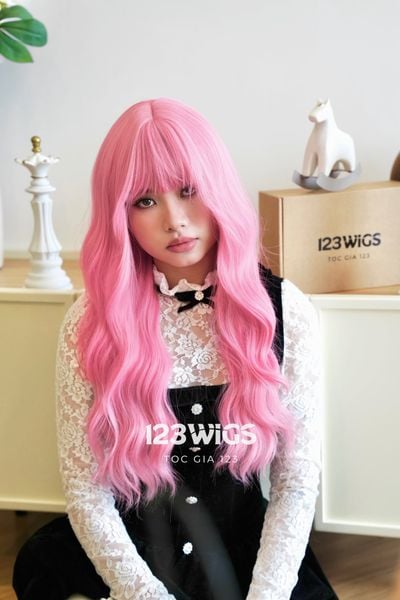 Tóc giả nguyên đầu - Xoăn sóng lơi - Mái ngang - Hồng rose - 51261