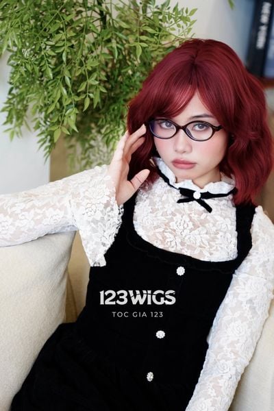 Tóc giả nguyên đầu - Bob xoăn lơi - Mái xéo - Đỏ ruby - 31264