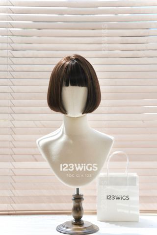 Bộ tóc giả nguyên đầu tơ cao cấp ngắn bob - Mái ngang - Màu nâu đen - 21207