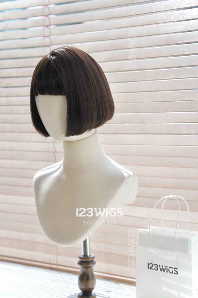 Bộ tóc giả nguyên đầu tơ cao cấp ngắn bob - Mái ngang - Màu nâu đen - 21207