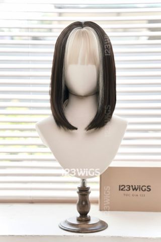 Bộ tóc giả nguyên đầu tơ cao cấp ngang vai đen - Highlight mái thưa bạch kim - 31204