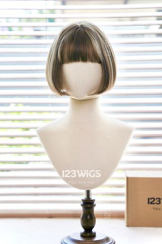 Bộ tóc giả nguyên đầu tơ cao cấp ngắn bob - Mái ngang - Màu nâu sữa - 21203