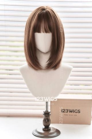 Bộ tóc giả nguyên đầu tơ cao cấp ngang vai layer - mái thưa - Nâu vàng caramel - 31197