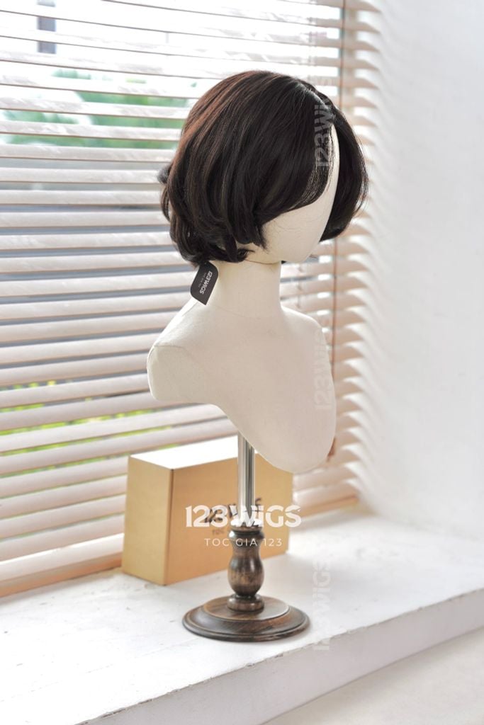 Tóc ngắn xoăn nhẹ uốn cụp siêu da LACE - Mái bay - Nâu đen 31192