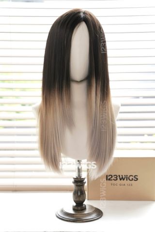 Tóc thật dài suông thẳng - Hai mái xéo dài - Nâu đen ombre xám khói 51209