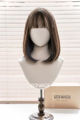 Bộ tóc giả nguyên đầu tơ cao cấp - cúp ngang vai mái thưa - Nâu highlight xanh khói - 31189