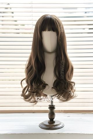 Bộ tóc giả nguyên đầu tơ cao cấp - Xoăn sóng mái thưa - Màu nâu hạt dẻ - 41185