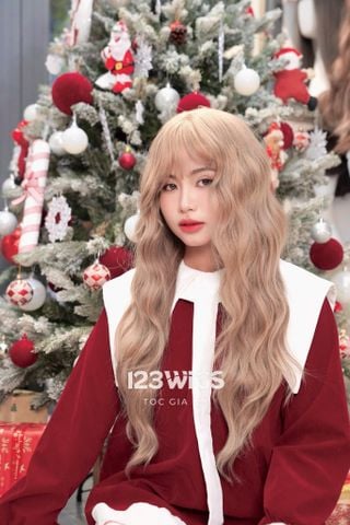 Bộ tóc giả nguyên đầu - Xoăn sóng - Mái ngang thưa - Màu vàng kem 51231