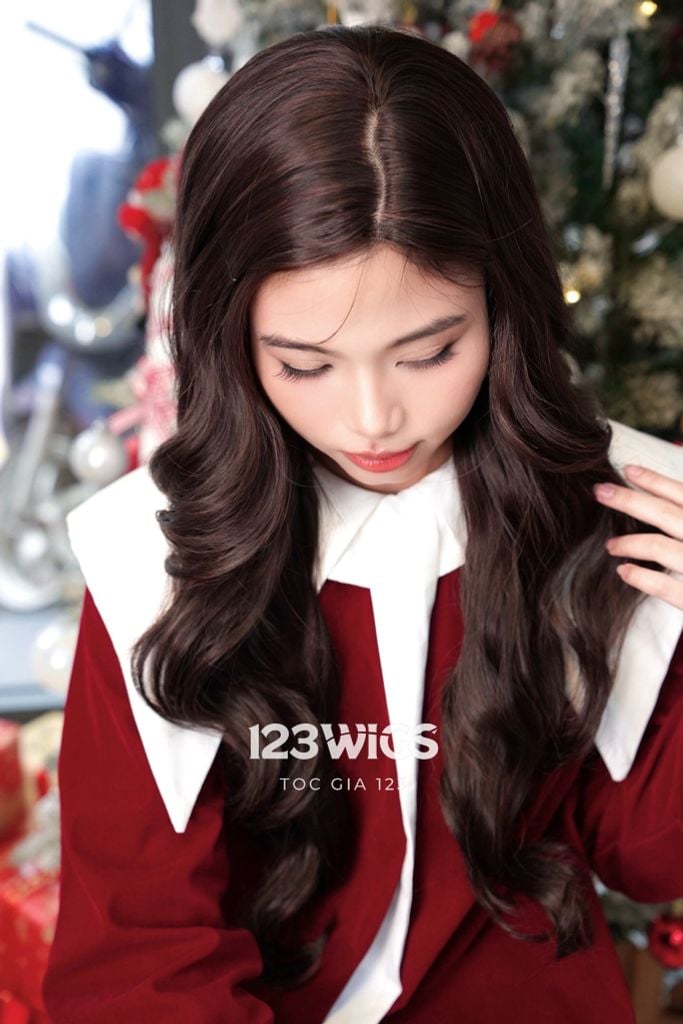 Tóc giả Lace U2 - Xoăn lọn to - Hai mái dài - Màu nâu socola 61228