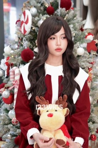 Bộ tóc giả nguyên đầu - Xoăn sóng dài - Mái xéo - Màu nâu đen 61226