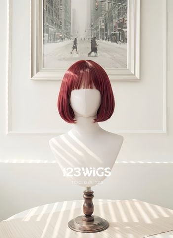Bộ tóc giả nguyên đầu tơ cao cấp - bob ngắn mái thưa, màu đỏ rượu - 31172