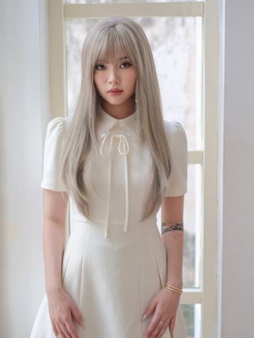 Tóc giả nguyên đầu tơ cao cấp Mái thưa - Thẳng Layer - Dài ngang lưng - Màu trà gạo S1061