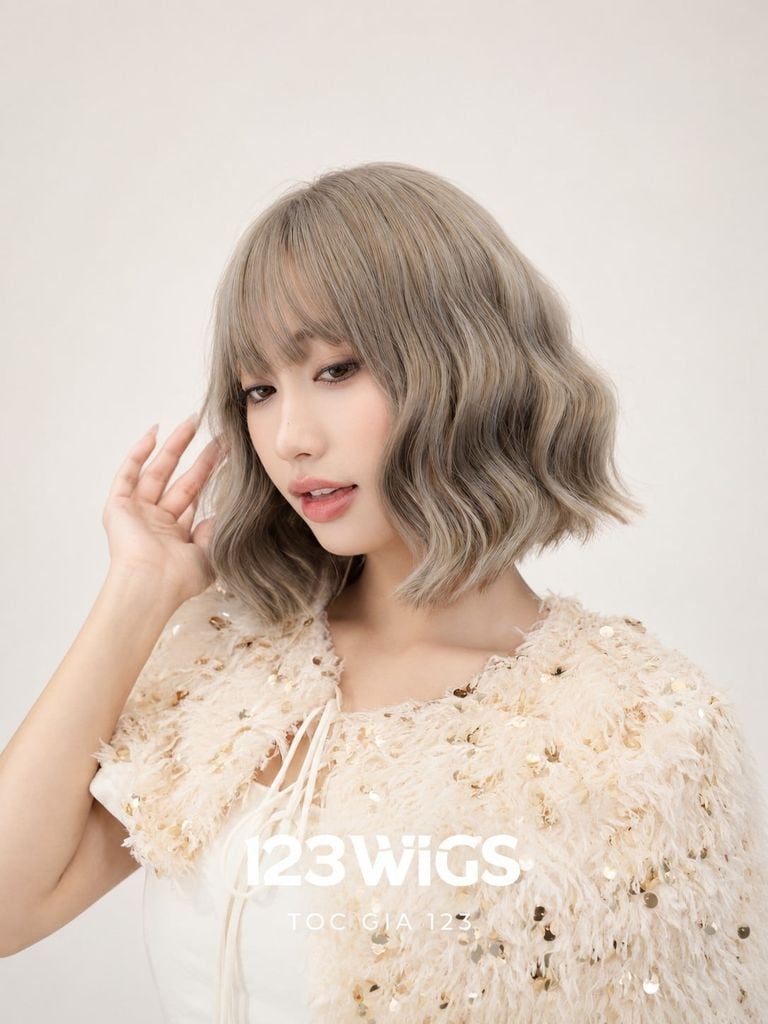 Tóc giả nguyên đầu - Bob xoăn lơi - Mái ngang - Xám khói be - MS1004
