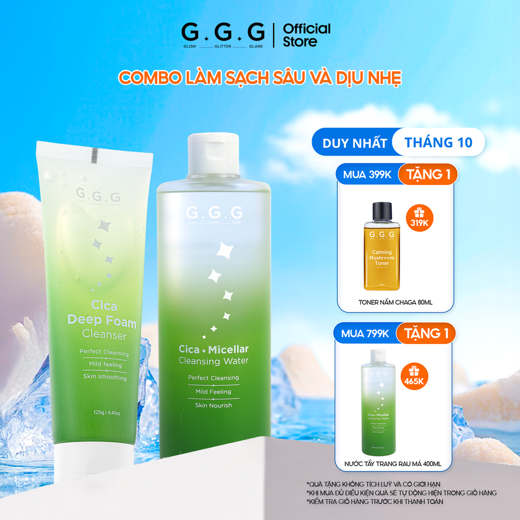 Bộ đôi Sạch sâu, Ẩm mịn, Không khô da từ Rau Má - GGG Cica Micellar Cleansing Water 400ml+ Cica Deep Foam Cleanser 125gr
