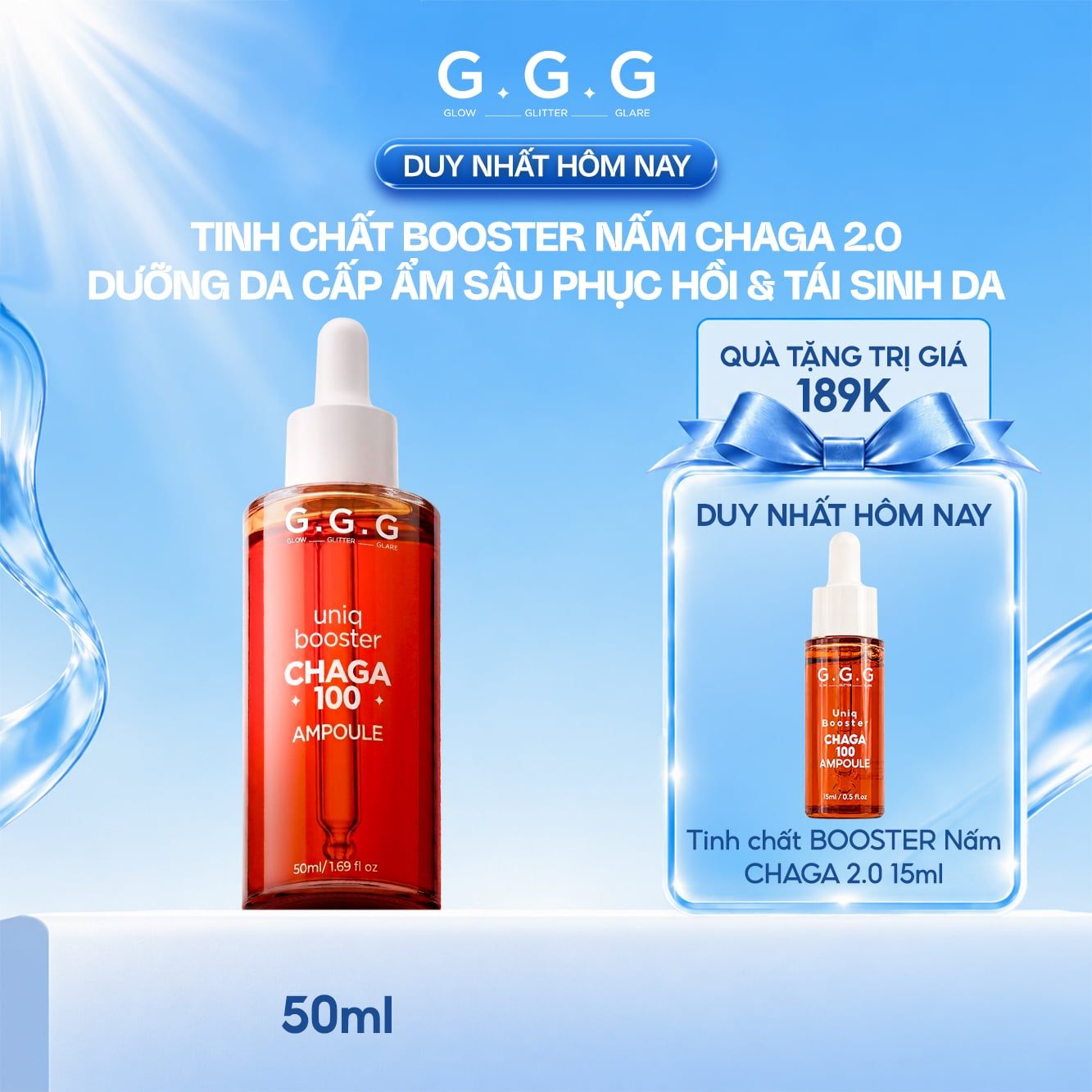 [MỚI] Booster Nấm Chaga 2.0 Giúp Cấp Ẩm Sâu Làm Dịu, Phục Hồi Da Tức Thì Và Dưỡng Sáng Da - GGG Uniq Booster Chaga 50ml